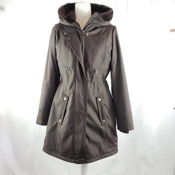 Andrew Marc Jacket Women XS Brown Anorak w/ Faux Fur Water Resistant Long Length - Picture 1 of 15